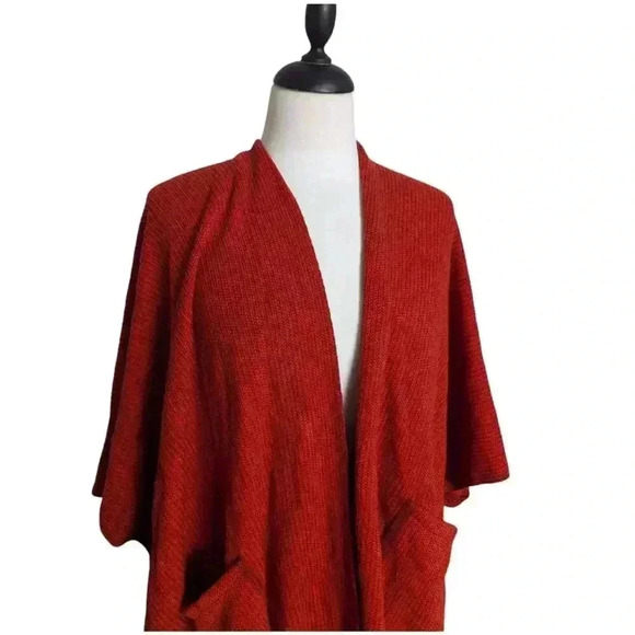 Women's Red One Size Open Front Knit Sweater Shaw with Pockets & Fringe - Picture 2 of 8